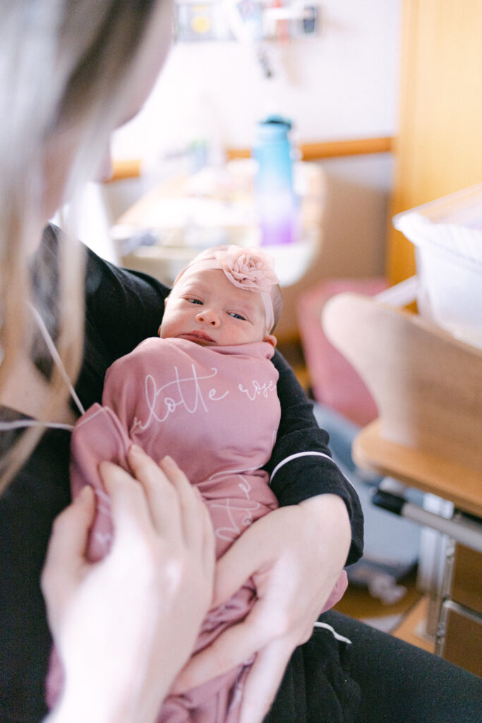 mother and newborn  baby in hospital, beavercreek ohio newborn photographer 